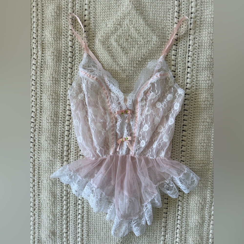 Vintage Pandora Lingerie by Chic Lace Babydoll Top White Pink Floral Coquette M
